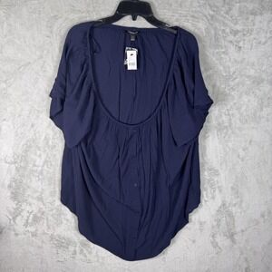 Lane Bryant Blouse Womens 22 Navy Blue Button Front Short Sleeve Flowy Rayon Top